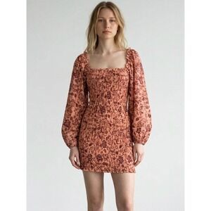 Free People Smock It To Me Apricot Orange Combo Floral Long Sleeve Midi Dress